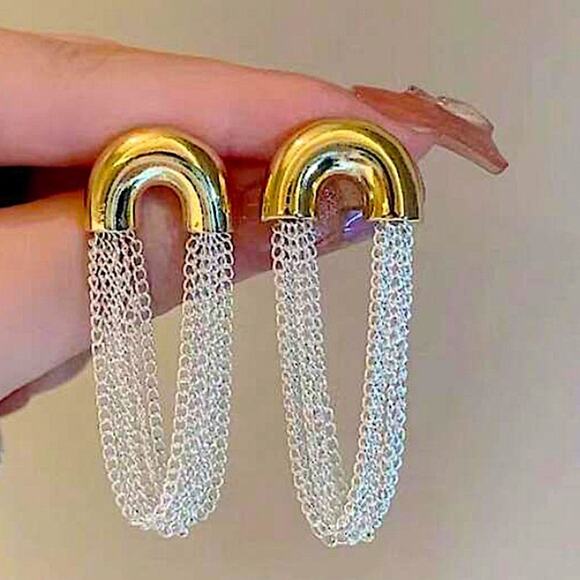 Gold Silver Chain Link Dangle Earrings Punk Retro Minimalist - Picture 10 of 10